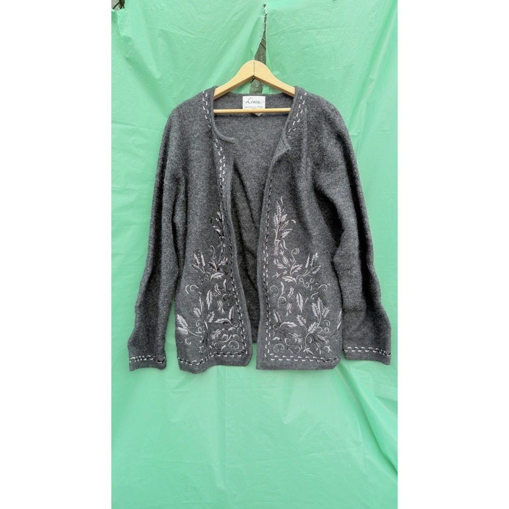 Linea by Louis‎ Dell'Olio 100% Wool Cardigan Gray Embroidered Size L